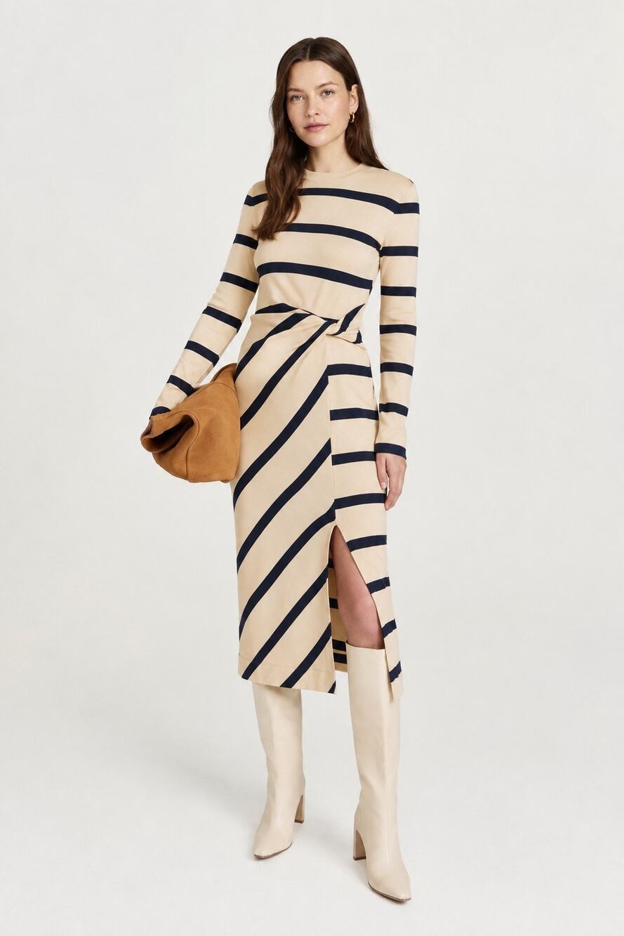 Tanya Taylor Cody Midi Dress in Cream Navy Wide Stripe Size L Organic Cotton